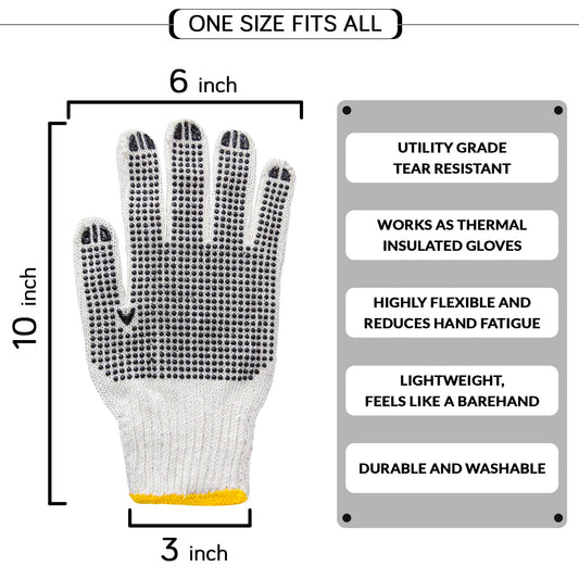 [12 Pairs] Black White Work Gloves   Dotted Safety Working Gloves, Firm Grip, Slip Resistant, Heavy Duty Cotton Knit for Men Women, Utility, Construction, Gardening, Fishing, Winter Indoor Outdoor Use