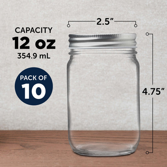 10 Decorating Mason Jars Set, 12 oz.   Canning, Aluminum Lid   Clear